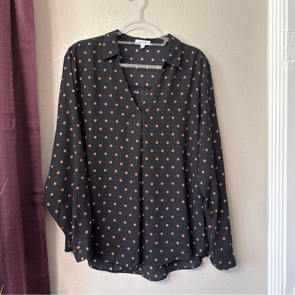#755 Maurices Brown On Black Polkadot Long Sleeve Blouse Size Extra Large